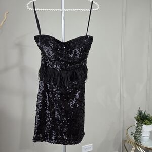 Akira Black Label Sparkling Black Sequin Mini Strapless Dress Sz.S Feather Waist